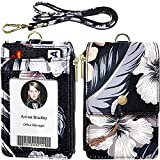 ELV Badge Holder with Zipper, ID Badge Card Holder Wallet with 5 Card Slots, 1 Side RFID Blocking Pocket and 20 inch Neck Lanyard Strap for Offices ID, School ID, Driver Licence (Floral)
