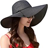 JOYEBUY Women Big Bowknot Straw Hat Floppy Foldable Roll up UV Protection Beach Cap Sun Hat (Style B-Black)