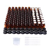 HWASHIN 100 Pack 2ml (5/8 Dram)â€‚Amber Mini Glass Essential Oils Sample Bottles with Black Caps for Essential Oils, Perfumes & Lab Chemicals (30ml Measuring Cup and 5 Droppers Included)