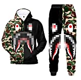 Camo Shark 3D Print Hoodies and Pants Fashion Causal Sweatsuit Suit for Men Women (Black,M)
