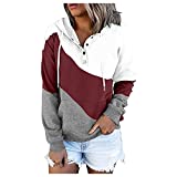 Aniywn Women's Long Sleeve Color Block Hoodie Sweatshirt Causal Loose V-Neck Button Up Drawstring Pullover Tops with Pocket