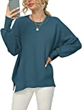 ANRABESS Womens Casual Long Batwing Sleeve Round Neck Chunky Knit Pullover Sweater Tops with Side Slit A305wulan-L Blue