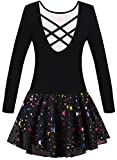 Girls Ballet Leotards for Dance Skirted Long Sleeve Hollow Crisscross Back Kids Shiny Tutu Dress Dance wear(40421-06Q-M)