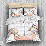 INDREAM Wild Animals Duvet Cover Cute Pink Bunny Bedding Set for Bedroom Decoration,Twin/Full/Queen/King Size Bed Sets 3/4 Pieces (1 Duvet Cover with 2 Pillow Shams or Sheet) (TWIN-3PCS,A)