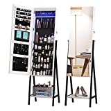 LVSOMT 6 LEDs Freestanding Jewelry Armoire with Full-Length Floor Standing Mirror, Lockable Storage Cabinet, Dressing Body Mirror, Large Capacity Organizer with Cosmetic Bags, Trays, Shelves (White)