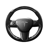 VXDAS Tesla Model 3 Steering Wheel Cover Leather Hand Sewing Genuine Leather Steering Wheel Cover,Fashion Carbon Fiber Look
