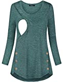 Quinee Maternity Blouse, Simple Discreet Curved Hem Long Sleeve Scoop Neck Public Nursing Top for Women Cozy Convenient Button Down Breastfeeding Shirt Postpartum Pajamas Green L