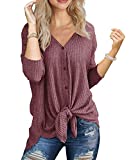 IWOLLENCE Womens Loose Henley Blouse Bat Wing Long Sleeve Button Down T Shirts Tie Front Knot Tops Rust Red X-Large