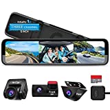 PORMIDO Triple Mirror Dash Cam 12" with Detached Front and in-Car Camera,Waterproof Backup Rear View Dashcam Anti Glare 1296P IPS Touch Screen with Sony Sensor,Starvis Night Vision,GPS,Parking Assist