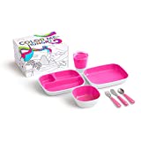 Munchkin Color Me Hungry Splash 7pc Toddler Dining Set – Plate, Bowl, Cup, and Utensils in a Gift Box, Pink