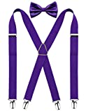 Men's X Back Elastic Adjustable Suspender and Bow Tie, Dark Purple