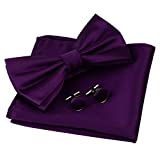 GUSLESON Mens Solid Purple Bow Tie Pre-tied Wedding Bowtie and Pocket Square Cufflink Set With Box (0570-02)