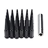 ADPOW Compatible with 24 Pcs Wheel Spike Lug Nuts Chevy GMC Silverado Sierra 1500 2500 3500 Black M14x1.5 14mm x1.5 Lug Nuts Conical/Cone Bulge Seat Closed End Nuts with 1 Socket Key