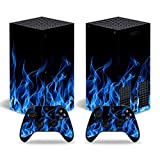 Whole Body Protective Vinyl Skin Decal Cover for Microsoft Xbox Series X Console, Blue Fire Xbox Series X Skins Wrap Sticker with Two Free Wireless Controller Decals