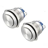 (Pack of 2) 19mm High Round Cap Waterproof Momentary Stainless Steel Metal Push Button Switch High Flush Screw Terminals 250V 5A 1NO SPST