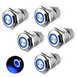 5Pcs 16mm Metal Latching Push Button Switch with Blue LED Light DC 12V/24V, LINKSTYLE ON/Off 4 Pin Self-Locking Round Waterproof Marine Switch for Car RV Truck Boat SPDT