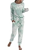 PRETTYGARDEN Women’s Tie Dye Two Piece Pajamas Set Long Sleeve Sweatshirt with Long Pants Sleepwear Green