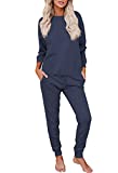 Women 2 Piece Loungewear Set Outfits Pjs Long Sleeve Pullover Casual Joggers Pockets Pants Sweatsuits Navy Blue L