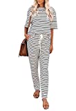 MITILLY Women's Striped 2 Piece Outfits Crewneck Pullover Tops and Long Pants Sweatsuit Loungewear Sets Black Medium