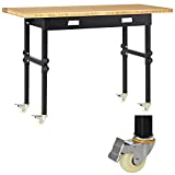 MAXXPRIME Adjustable Workbench with Sliding Organizer Drawer, 47" Mobile Bamboo Top Garage Work Bench, Heavy-Duty Steel Office Workstation Hardwood Work Benches for Garage