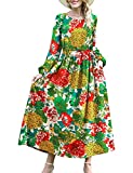 YESNO Long Sleeve Dress for Women Casul Boho Floral Drawstring Waist Maxi Dress with Pockets M ED6 CR10