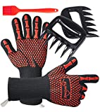 EUHOME 3 in 1 BBQ Gloves Grill Accessories with EN407 Certified Oven Mitts 1472 F° Extremely Heat Resistant Gloves, Grill Brush & BBQ Bear Claws for Men, Grill, Baking, Christmas…