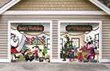 Outdoor Christmas Holiday Garage Door Banner Cover Mural Dcoration - Santa's Workshop - Outdoor Holiday 2 Car Split Garage Door Banner Dcor Sign, Two 7'x 8' Graphic Kits