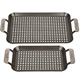 BBQ Grill Topper Grilling Pans (Set of 2) - Non-Stick Barbecue Trays w Stainless Steel Handles - Indoor Outdoor use for Meat, Vegetables & Seafood - Father's Day Gift for Dad & Summer Cookouts