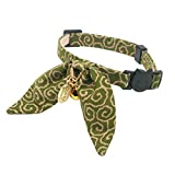 PetSoKoo Cute Bunny Ears Bowtie Cat Collar with Bell, Ancient Arabesque Print, Japan Lucky ’開三運’ Charm. Safety Breakaway, Soft, for Girl Boy Male Female Cats,Green