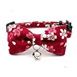 PETFAVORITES Breakaway Bowtie Cat Collar with Bell - Flower Kitten Bow Tie Kitty Puppy Clothes Accessories, Adjustable and Handmade.(Red Sakura, Size XS)