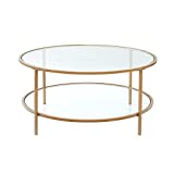 JBBCN 36in Modern Round Glass Coffee Table Decor with 2 Tier Tempered Glass Boards & Metal Frame, Cocktail Table with Large Storage Space, Suitable for Dining Room, Tea, Home (Gold)