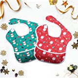 Feeding Baby Bibs Waterproof Drool Christmas Bib Coverall 2 PCS Set Adjustable Closure for Babies Toddlers with Large Pocket (6-36 Months) Christmas（Snowman&Santa）