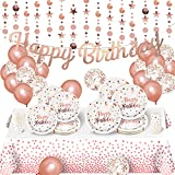 Rose Gold Birthday Party Supplies for 20 Guests - Rose Gold Happy Birthday Banner, Glitter Circle Dot Garland Streamer with Rose Gold Party Plates and Cups, Tablecloth, Balloons for Women Girl Birthday Party