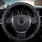 KAFEEK Classic Carbon Fiber Steering Wheel Cover, Universal 15 inch, Breathable Microfiber Leather, Black