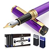 Dryden Designs Fountain Pen - Medium Nib 0.5mm | Includes 24 Ink Cartridges - 12 Black 12 Blue and Ink Refill Converter | Left and Right Handed, Smooth Look, Classic Writing Tool -Decadent Purple-