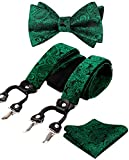 Alizeal Mens Adjustable Floral Paisley Self-tied Bow Tie, Pocket Square and Elastic Y Shape 6 Clips Suspenders, Dark Green