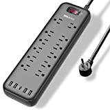 Power Strip, MKSENSE Surge Protector with 12 Outlets & 4 USB Ports & 1 Type-C Port (5V/3A), 3600 Joules, Angled Flat Plug, Spaced Outlets & ETL Listed Power Outlet for Home Office - Black