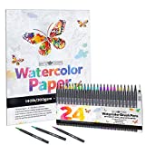 Brite Crown Watercolor Pen Set – 24 Watercolor Brush Pen Markers - Kit Includes Watercolor Paper Pad (140lb/300gsm) and Refillable Water Brush Pen for Teens, Kids and Adults
