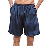 LEPTON 19mm Mulberry Silk Shorts for Men, Silk Boxers Sleepwear, Relaxed Fitness Wear, Front Pockets, Elastic Waist (Navy Blue, L)