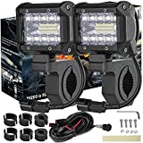 SUZCO 4INCH 3-Row Offroad Led Work Light Bar Driving Wiring Harness Switch KIT/Combo, Spot/Flood/Combo Lightbar Waterproof 12V 24V with Mounting Bracket Tube Clamp 1"/1.5"/1.75"/2" for 4x4 ATV UTV