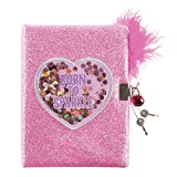 Three Cheers for Girls by Make It Real - Born to Sparkle Confetti Locking Journal - Secret Diary for Girls with Lock & Key - Lined Pink Notebook & Fluffy Feather Pen - Lockable Journal Stationery Set
