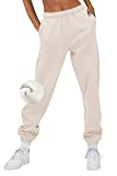 EFAN Womens Fleece Pants Baggy High Waisted Beige Sweatpants Thick Cotton Warm Joggers for Teen Girls with Pockets