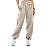 Women's Cinch Bottom Sweatpants Pockets High Waist Sporty Gym Athletic Fit Jogger Pants Lounge Trousers (Beige, Medium)