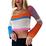 Women Y2k Long Sleeve Top Square Collar Color Block Crochet Knit Sweater Y2k Top Blue Orange S
