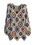 White Crochet Top Women Long Sleeve Blouse V Neck Granny Square (M, Ivory)