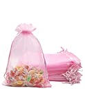 Jexila 100PCS Sheer Pink Organza Drawstring Bags 5X7 Mesh Goodie Jewelry Pouches Gift Bags for Wedding Party Baby Shower Favor Candy Gift Bags (Pink 5X7)