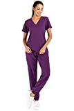 Minty Mint Women's Solid Stretch Medical Uniform Scrub Set V Neck Top Cargo Tapered Jogger Pants Purple M