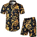 LucMatton Men's 2 Piece Floral Outfits Hipster Luxury Print Short Sleeve Button Down Shirt and Shorts Set for Club Party Black Gold Small