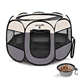 SereneLife Small Portable Foldable Pet Tent - 8-Panel Cat Dog Mesh Exercise Playpen w/Folding Food/Water Bowl - Kennel House Playground Play Pen Yard Crib for Puppy, Kitten, Rabbit, Bunny (Gray)