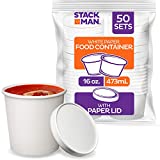 [16 oz. - 50 Sets] Paper Food Container with Lid, Insulated Paper Food Cup with Paper Vented Lid, Hot or Cold to Go Containers, Soup Container, Ice Cream Cup, Yogurt Cup, Eco-Friendly White Container